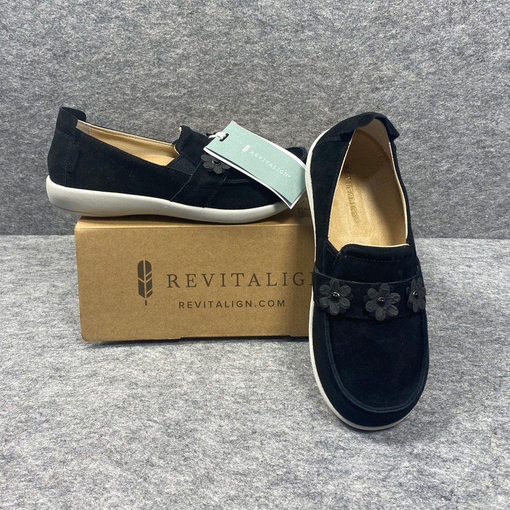 Revitalign Siesta Flower Black Suede Orthotic Slip On Loafers Womens 9.5B RV1191